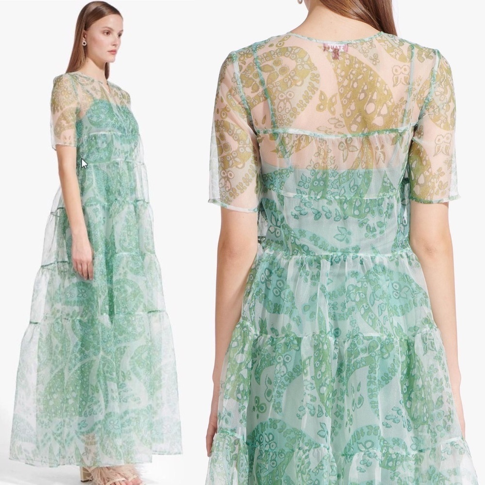 STAUD Cocoon Tiered Organza Paisley Print Maxi Dress Blue Green NEW with tags - Picture 14 of 15